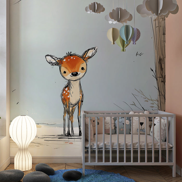 Papel pintado infantil | Pequeño ciervo en un bosque tranquilo