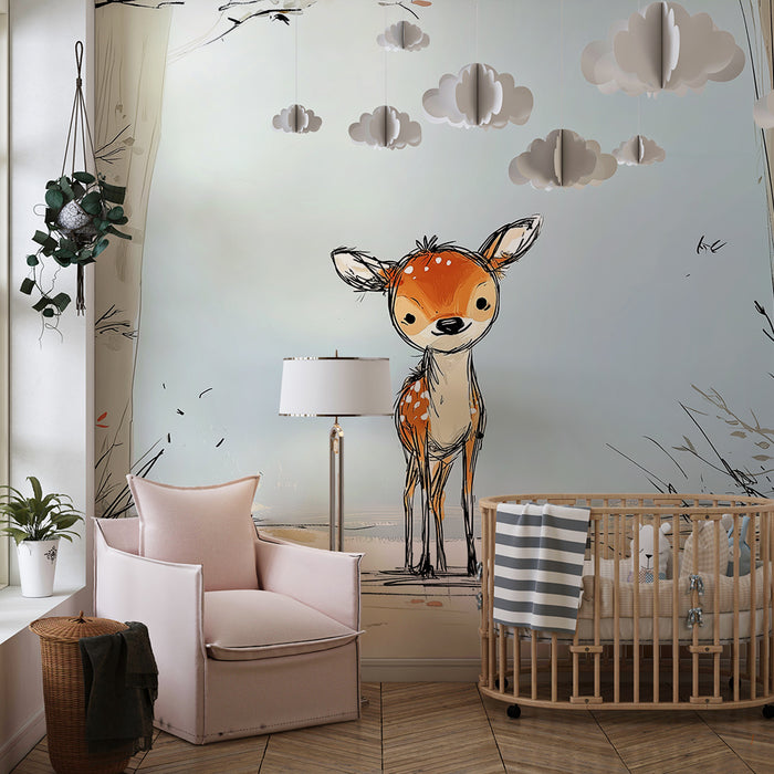 Papel pintado infantil | Pequeño ciervo en un bosque tranquilo