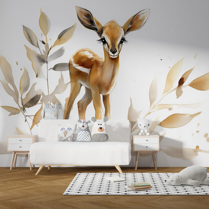 Kinderkamer behang | Kleine herten en delicate bladeren