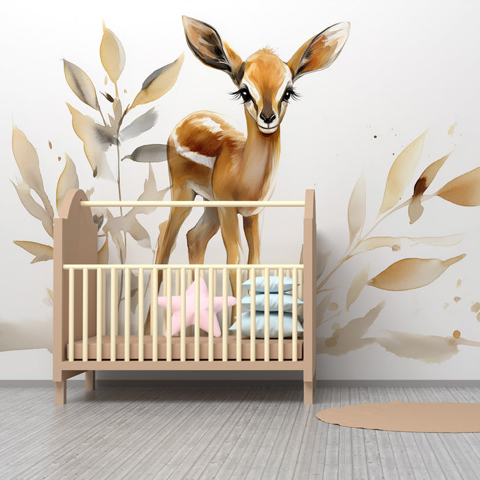 Kinderkamer behang | Kleine herten en delicate bladeren