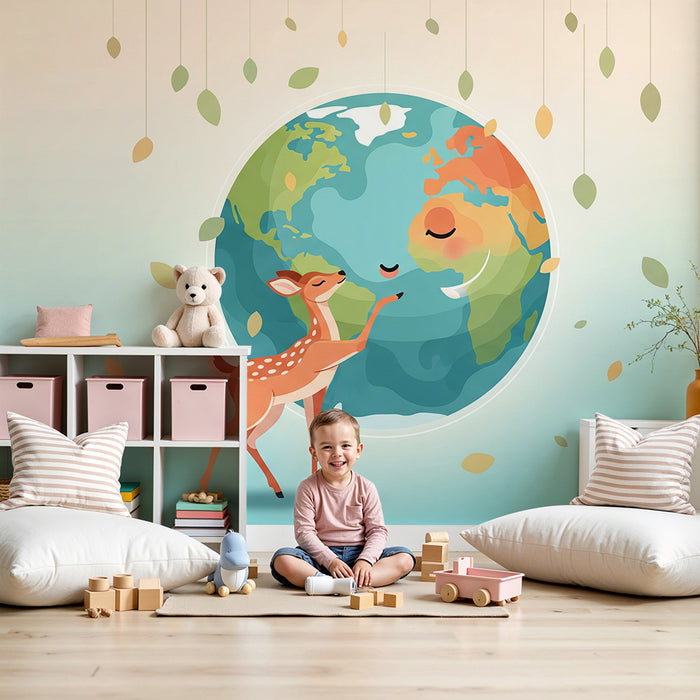 Carta da parati bambini | Piccolo cerbiatto e globo terrestre circondato da foglie