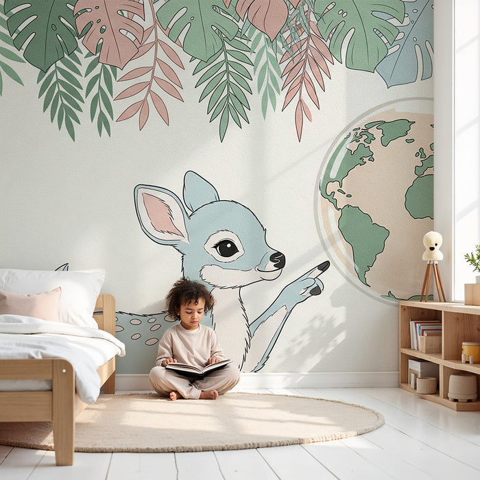 Kids room wallpaper | Little explorer fawn and globe surrounded by tropical foliage