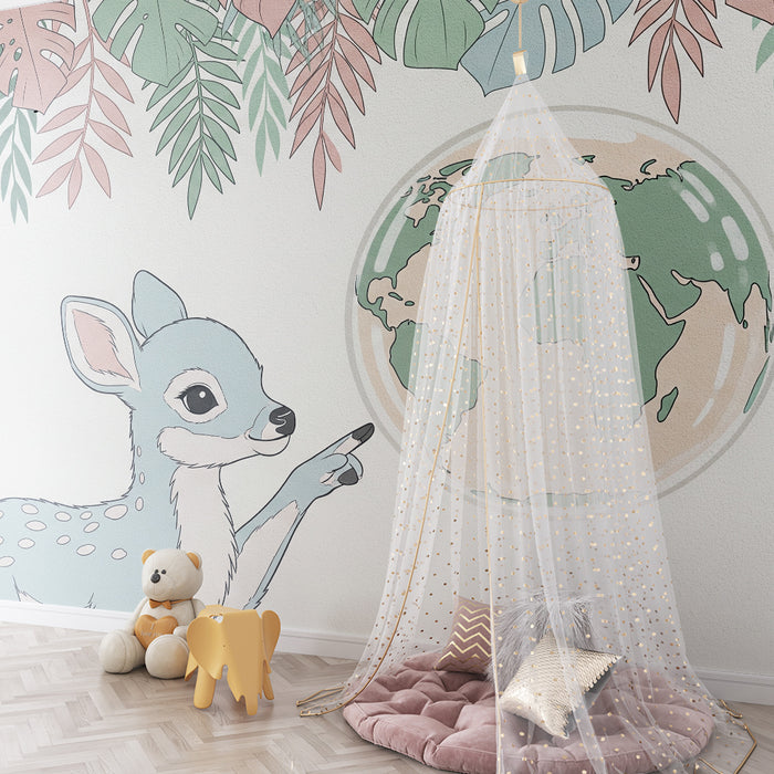 Kids room wallpaper | Little explorer fawn and globe surrounded by tropical foliage