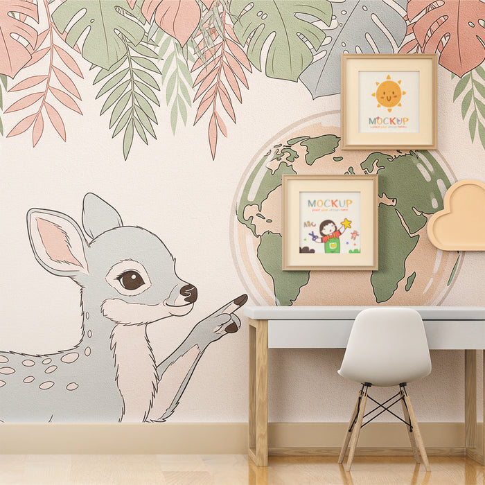 Kids room wallpaper | Little explorer fawn and globe surrounded by tropical foliage