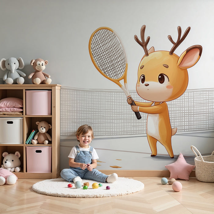 Papel de parede copii | Micul căprioară jucător de tenis pe fundal minimalist