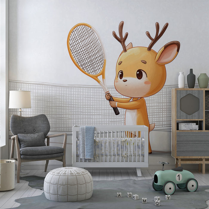 Papel de parede copii | Micul căprioară jucător de tenis pe fundal minimalist