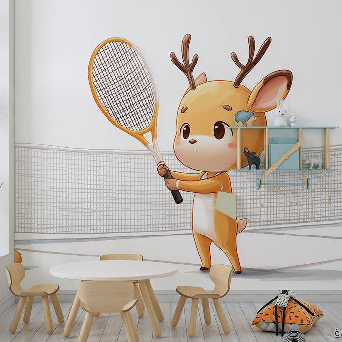 Papel de parede copii | Micul căprioară jucător de tenis pe fundal minimalist