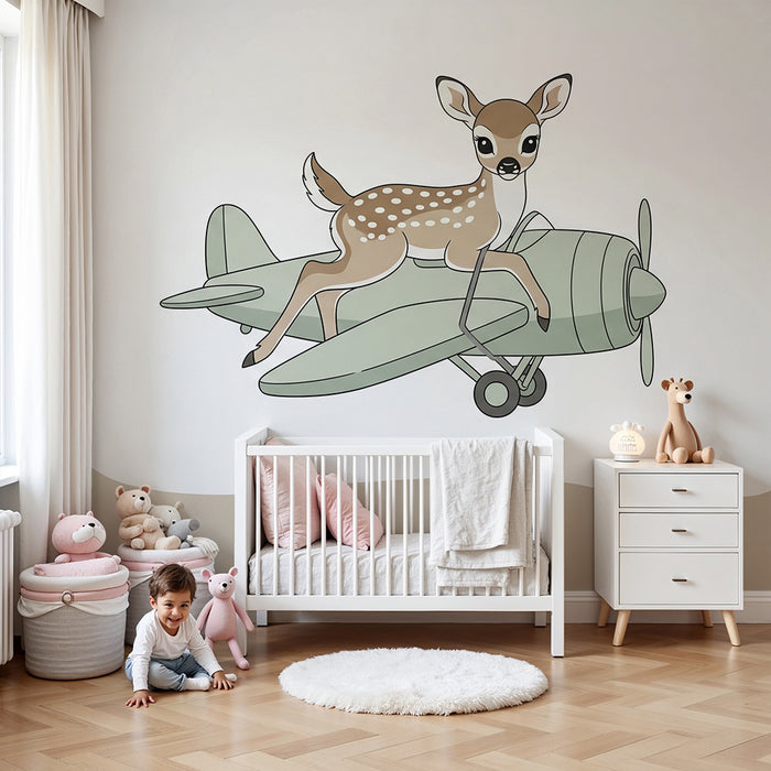 Papier peint chambre enfant | Petit faon pilote d'avion