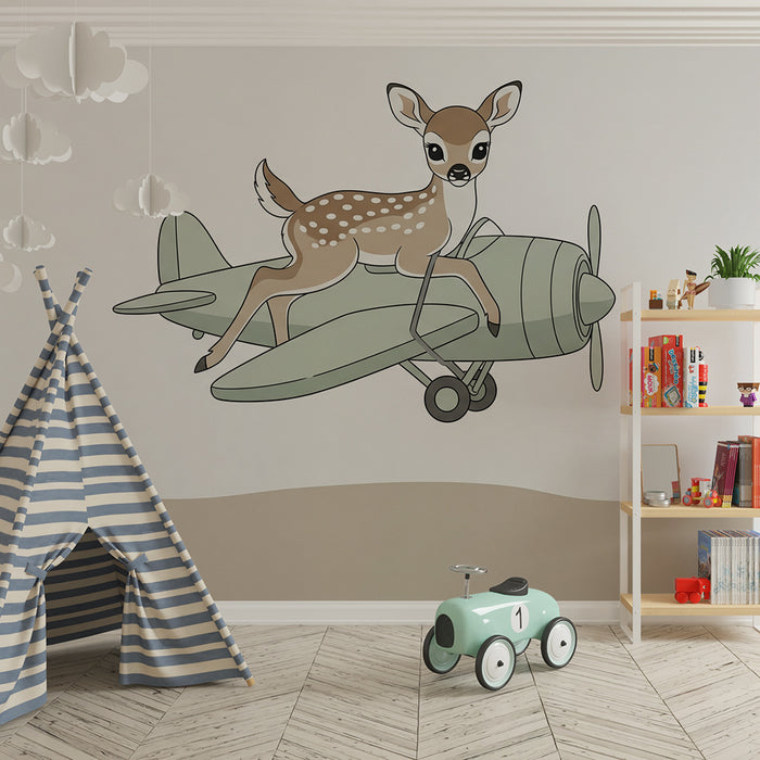 Papier peint chambre enfant | Petit faon pilote d'avion