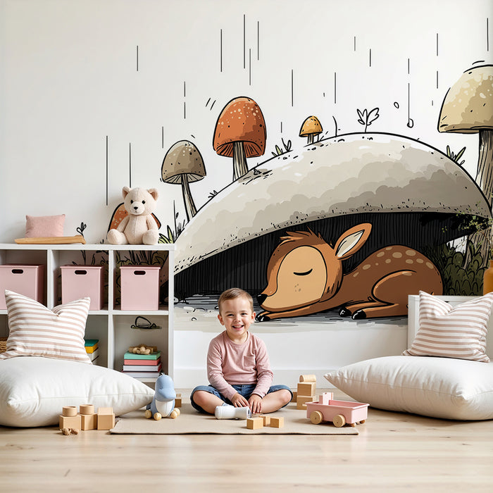 Papier peint chambre enfant | Petit faon sous un champignon dans une forêt enchantée
