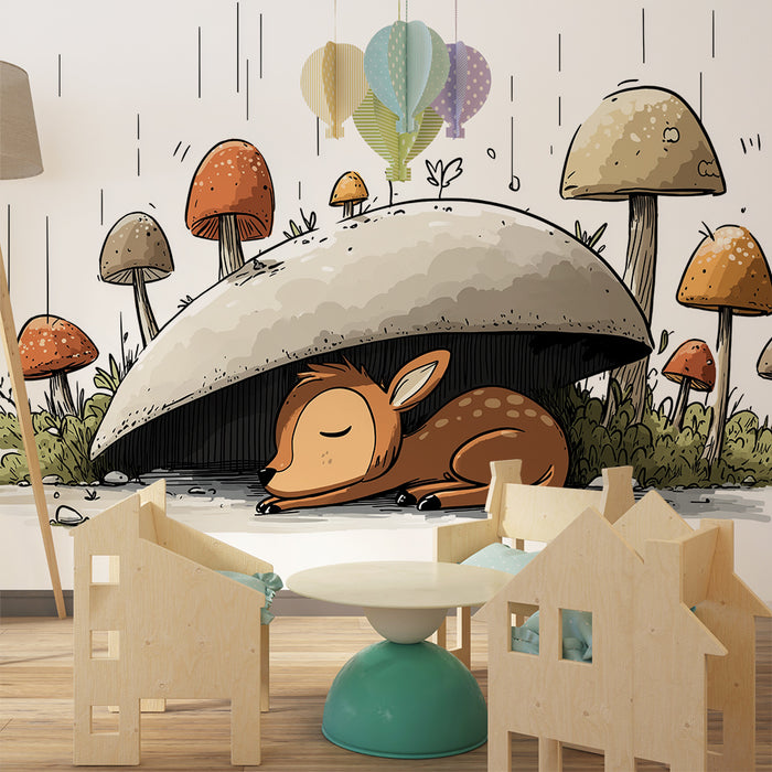 Papier peint chambre enfant | Petit faon sous un champignon dans une forêt enchantée