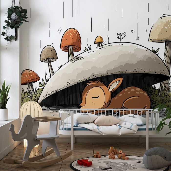 Papier peint chambre enfant | Petit faon sous un champignon dans une forêt enchantée