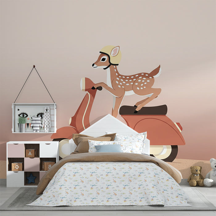 Kids room wallpaper | Little fawn on scooter