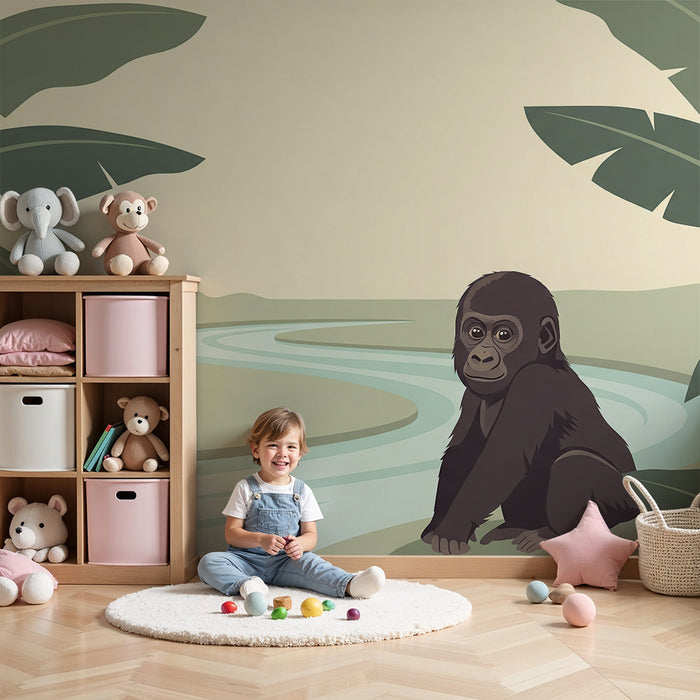 Gyerekszoba tapéta | Kis gorilla a folyóparton, egy nyugodt dzsungelben
