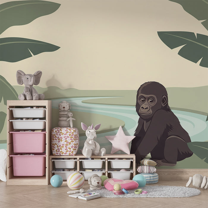 Gyerekszoba tapéta | Kis gorilla a folyóparton, egy nyugodt dzsungelben