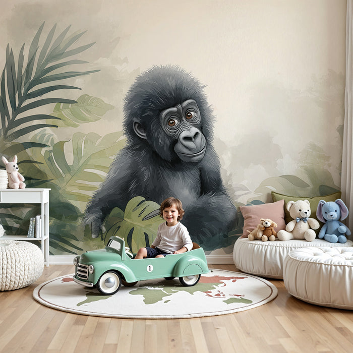 Kinderzimmer Tapete | Kleiner Gorilla und üppiger Dschungel