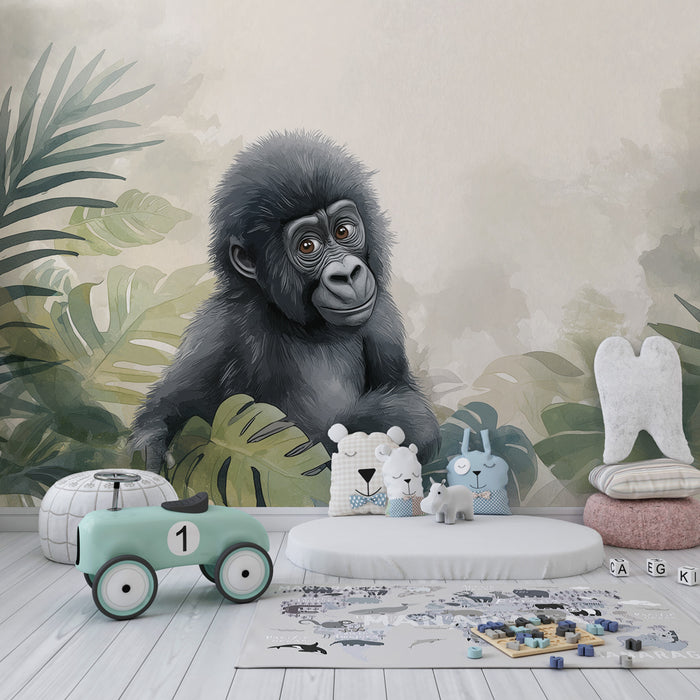 Kinderzimmer Tapete | Kleiner Gorilla und üppiger Dschungel