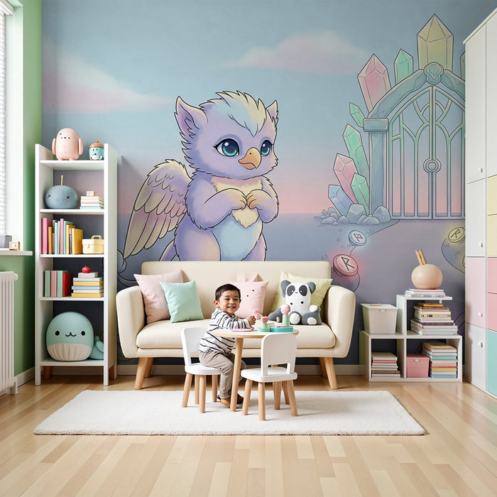 Papier peint chambre enfant | Petit griffon mignon devant une porte magique