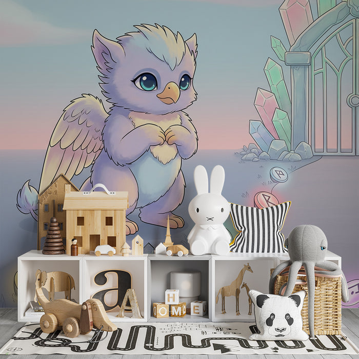 Papier peint chambre enfant | Petit griffon mignon devant une porte magique