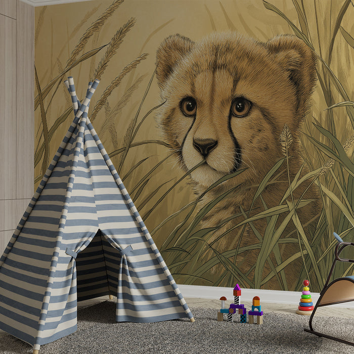 Kinderkamer behang | Kleine luipaard in gouden grassen
