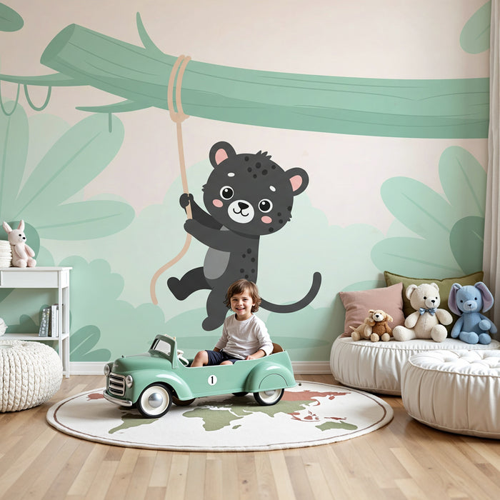 Papel pintado infantil | Pequeño jaguar travieso en la selva