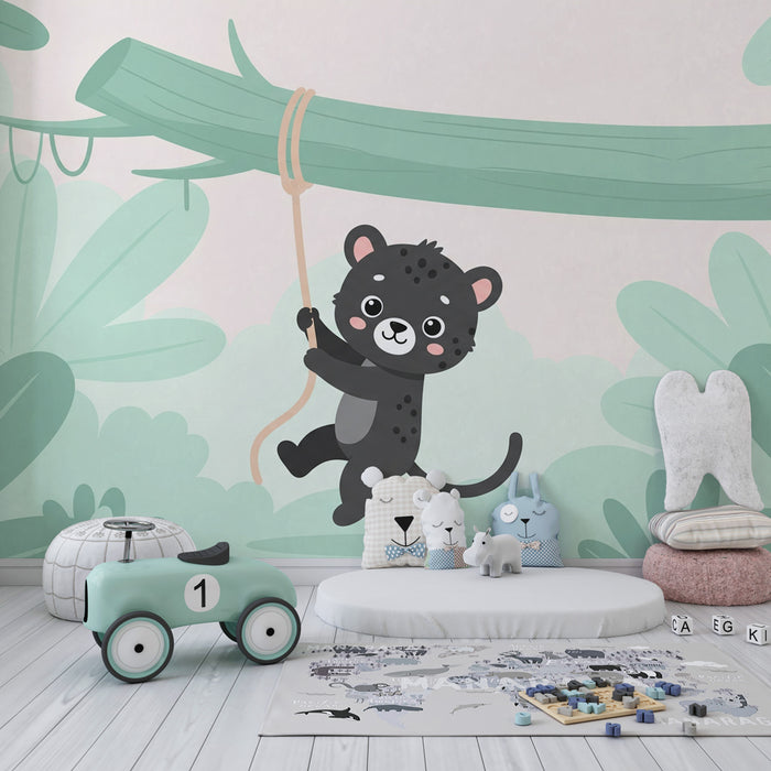 Papel pintado infantil | Pequeño jaguar travieso en la selva
