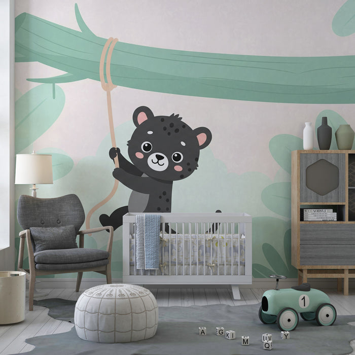 Papel pintado infantil | Pequeño jaguar travieso en la selva