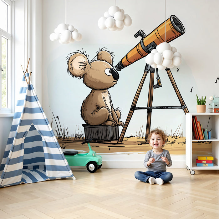 Tapet barnerom | Liten nysgjerrig koala og teleskop