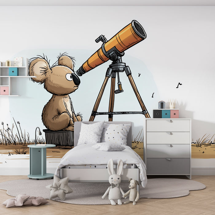 Tapet barnerom | Liten nysgjerrig koala og teleskop