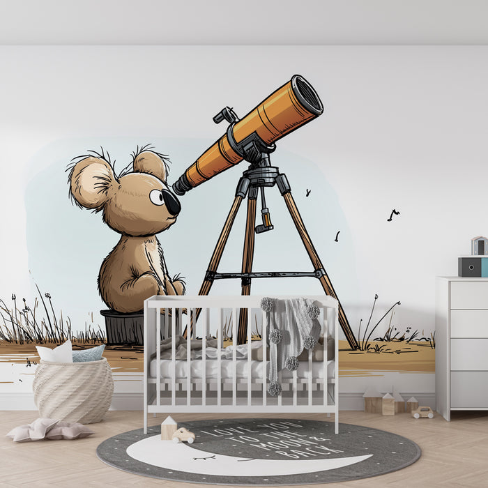 Tapet barnerom | Liten nysgjerrig koala og teleskop