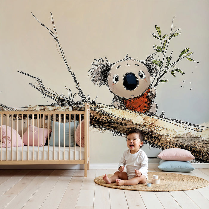 Papier peint chambre enfant | Petit koala mignon sur une branche avec des feuilles vertes