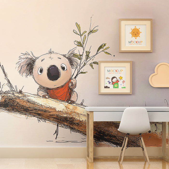 Papier peint chambre enfant | Petit koala mignon sur une branche avec des feuilles vertes