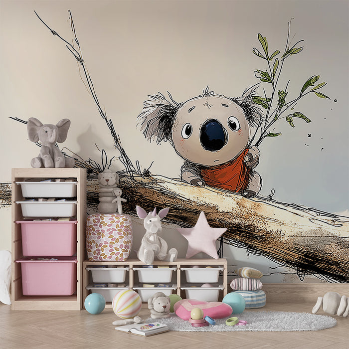 Papier peint chambre enfant | Petit koala mignon sur une branche avec des feuilles vertes