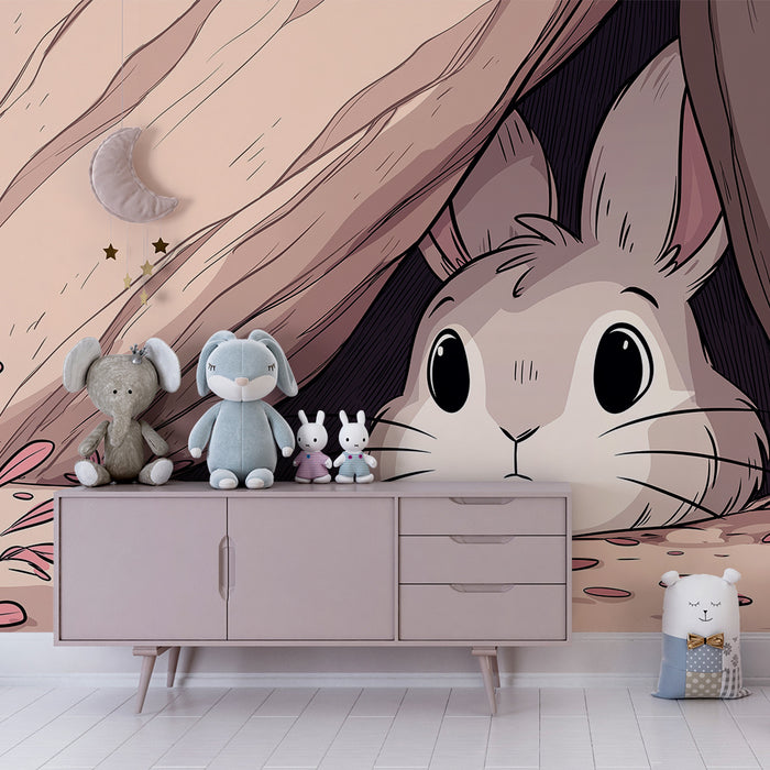 Papier peint chambre enfant | Petit lapin curieux dans un décor naturel