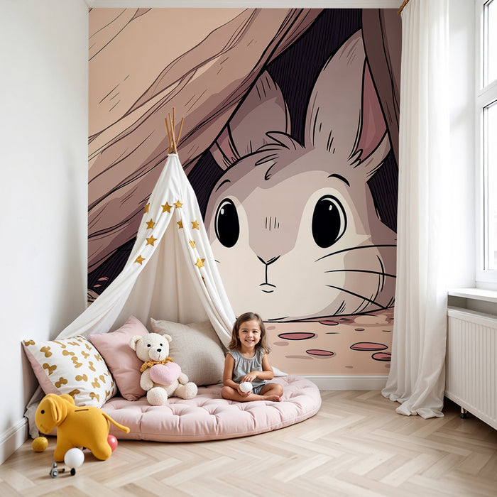 Papier peint chambre enfant | Petit lapin curieux dans un décor naturel