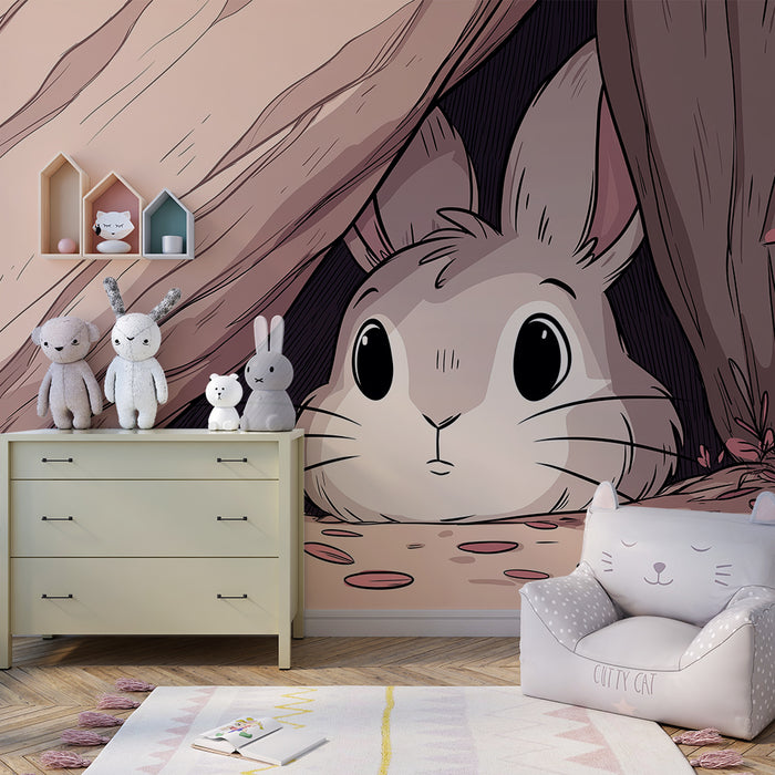 Papier peint chambre enfant | Petit lapin curieux dans un décor naturel