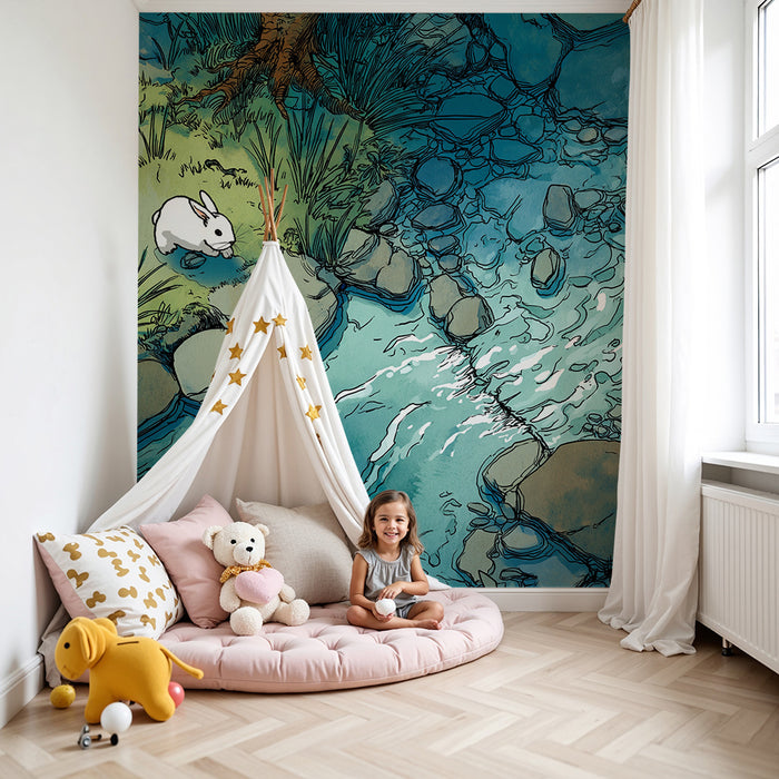 Papier peint chambre enfant | Petit lapin explorateur au bord d'un ruisseau
