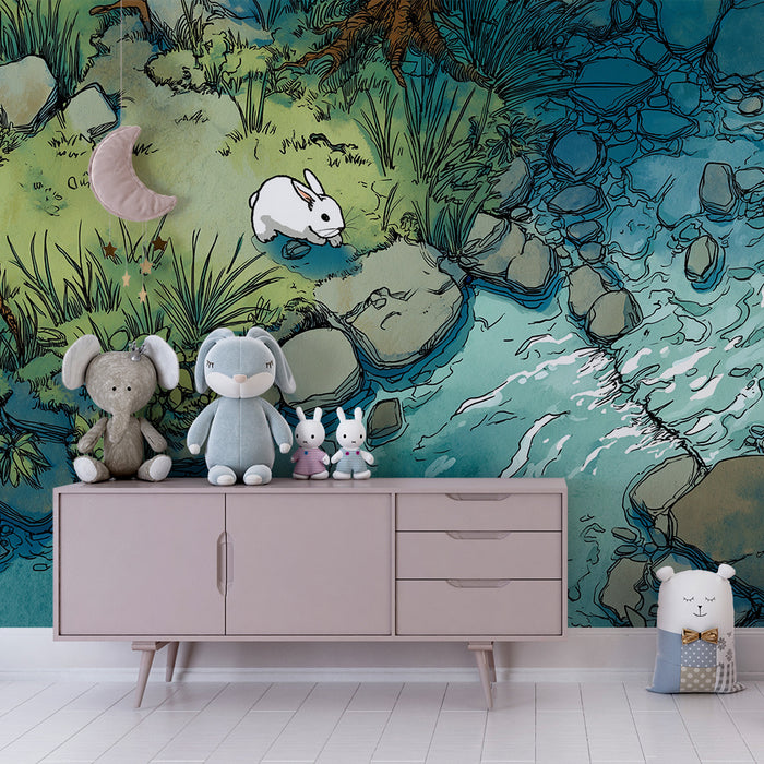 Papier peint chambre enfant | Petit lapin explorateur au bord d'un ruisseau