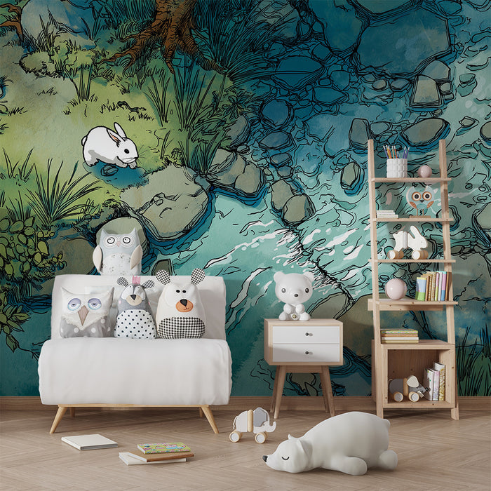 Papier peint chambre enfant | Petit lapin explorateur au bord d'un ruisseau