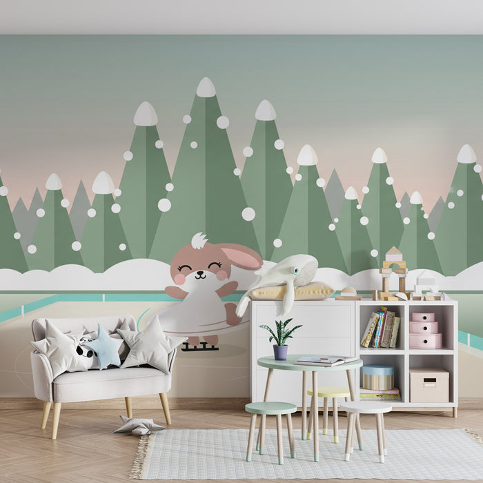 Papier peint chambre enfant | Petit lapin patineur sur glace