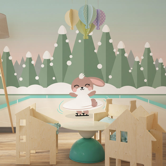 Papier peint chambre enfant | Petit lapin patineur sur glace