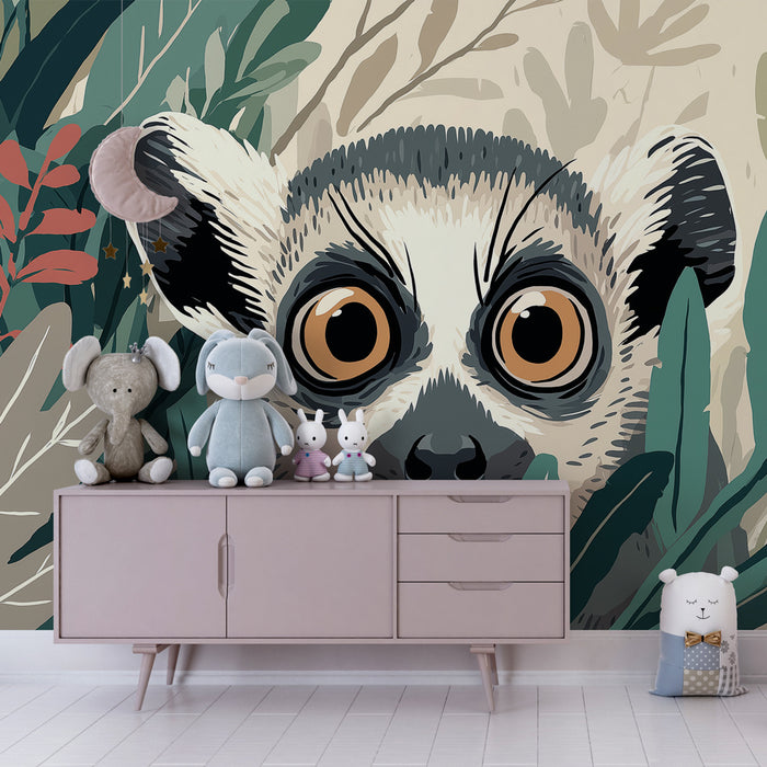 Kids room wallpaper | Malý zvědavý lemurek v džungli