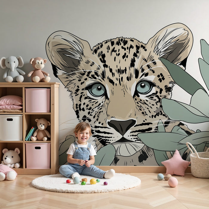 Papier peint chambre enfant | Petit léopard curieux parmi les feuillages