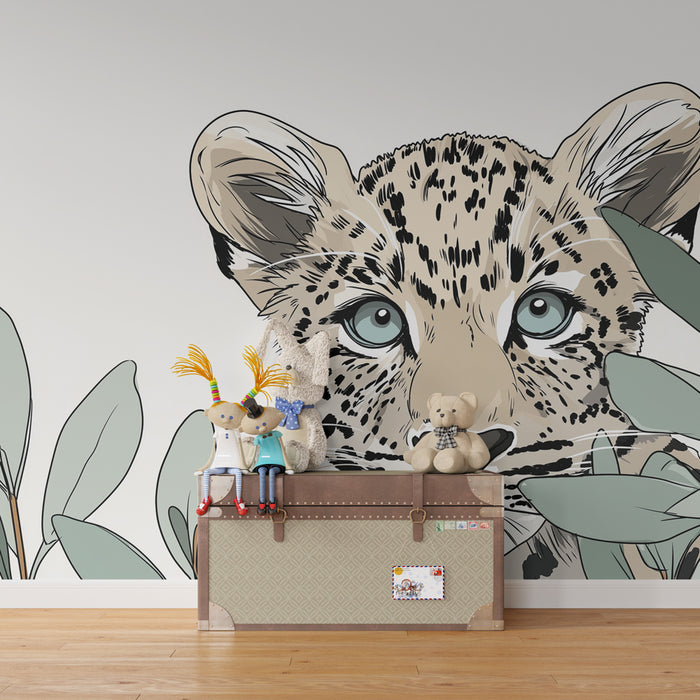 Papier peint chambre enfant | Petit léopard curieux parmi les feuillages