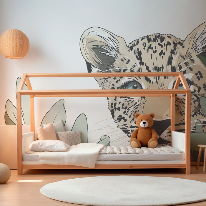 Papier peint chambre enfant | Petit léopard curieux parmi les feuillages