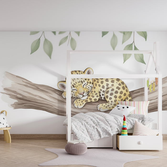 Papier peint chambre enfant | Petit léopard endormi sur une branche