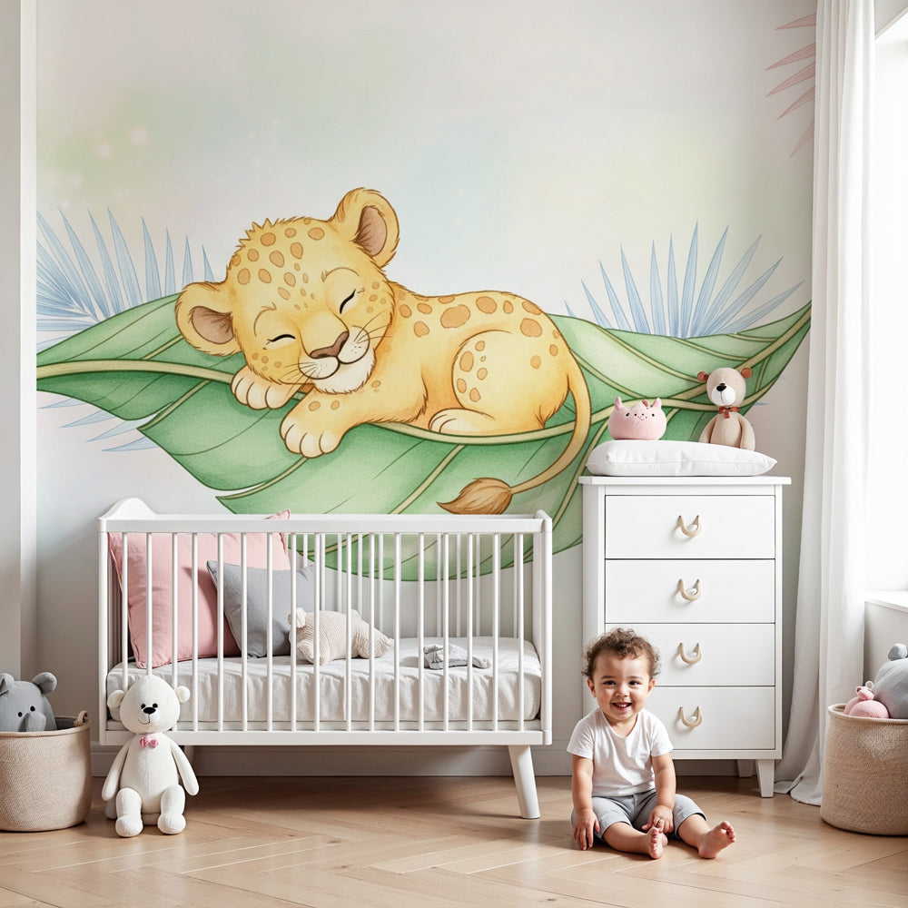 Tapet barnerom | Liten sovende leopard på et bladI18n Error: Missing  interpolation value \, image size:1000x1000