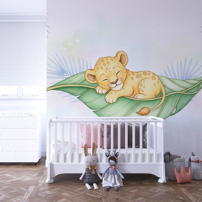 Papel pintado infantil | Pequeño leopardo dormido en una hoja