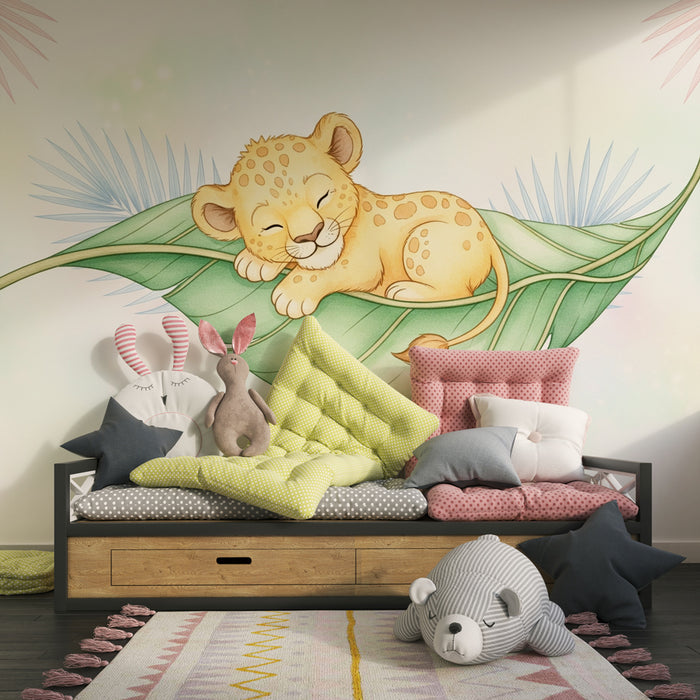 Papel pintado infantil | Pequeño leopardo dormido en una hoja