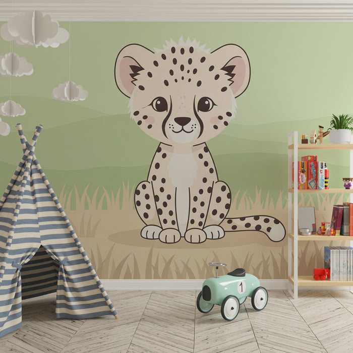 Papel pintado infantil | Pequeño leopardo travieso en la sabana